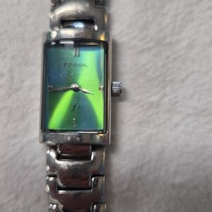 Fossil Silver and Green Rectangular Watch